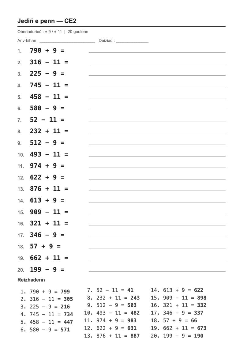 Calcul mental — CE2 : ajouter ou retirer 9 et 11, fiches d'exercices à imprimer (consignes en breton)