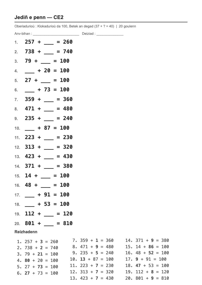Calcul mental — CE2 : les compléments à la dizaine et à 100, fiches d'exercices à imprimer (consignes en breton)