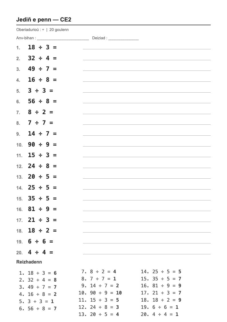 Calcul mental — CE2 : la division, fiches d'exercices à imprimer (consignes en breton)