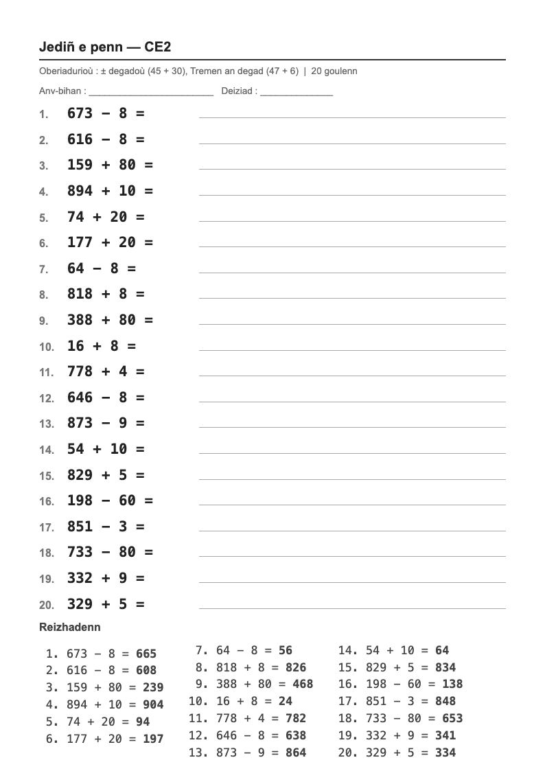 Calcul mental — CE2 : ajouter des dizaines, passer la dizaine, fiches d'exercices à imprimer (consignes en breton)