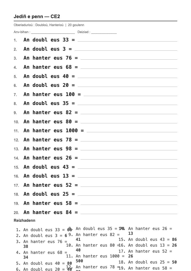 Calcul mental — CE2 : doubles et moitiés, fiches d'exercices à imprimer (consignes en breton)