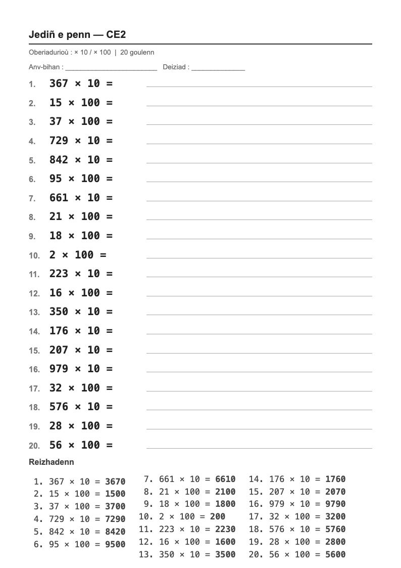 Calcul mental — CE2 : multiplier par 10 et par 100, fiches d'exercices à imprimer (consignes en breton)