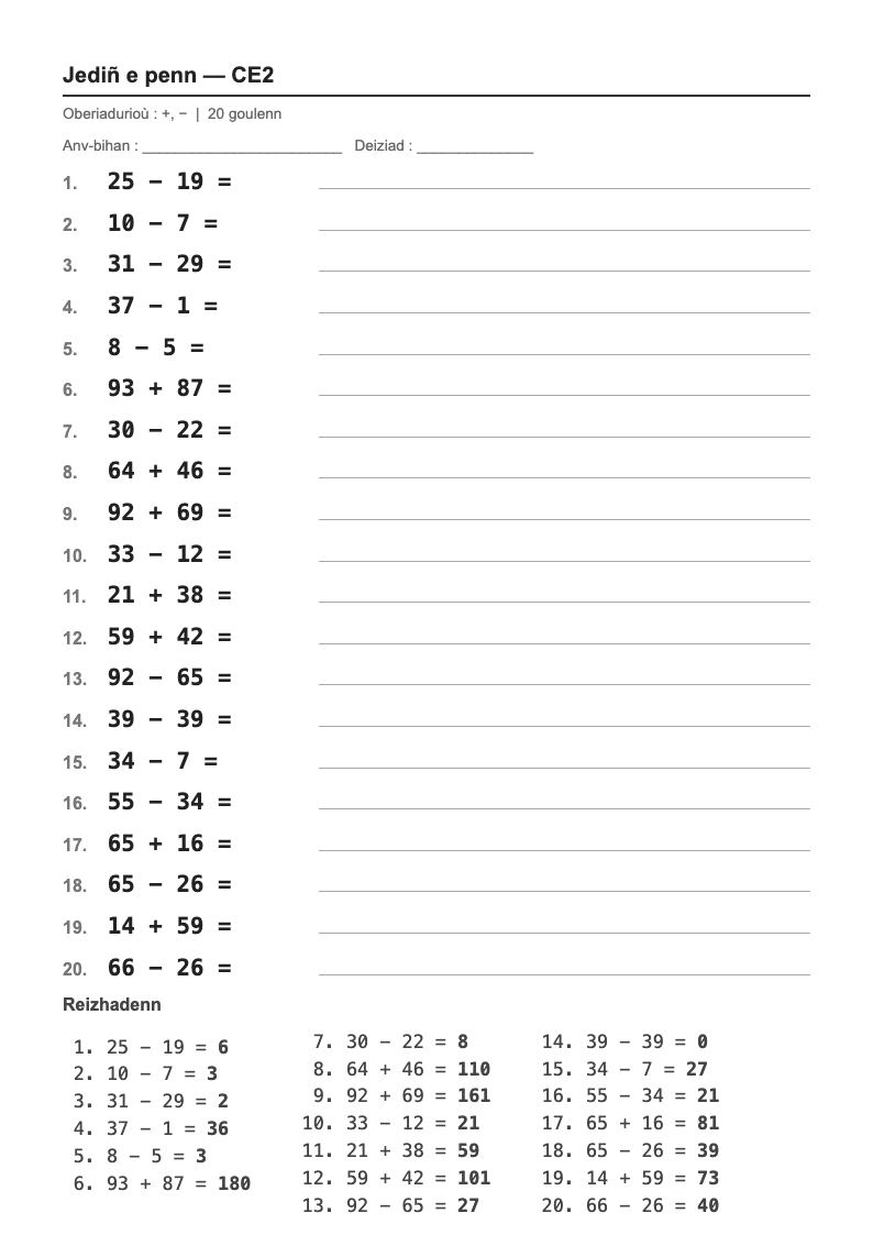 Calcul mental — CE2 : les tables d'addition, fiches d'exercices à imprimer (consignes en breton)