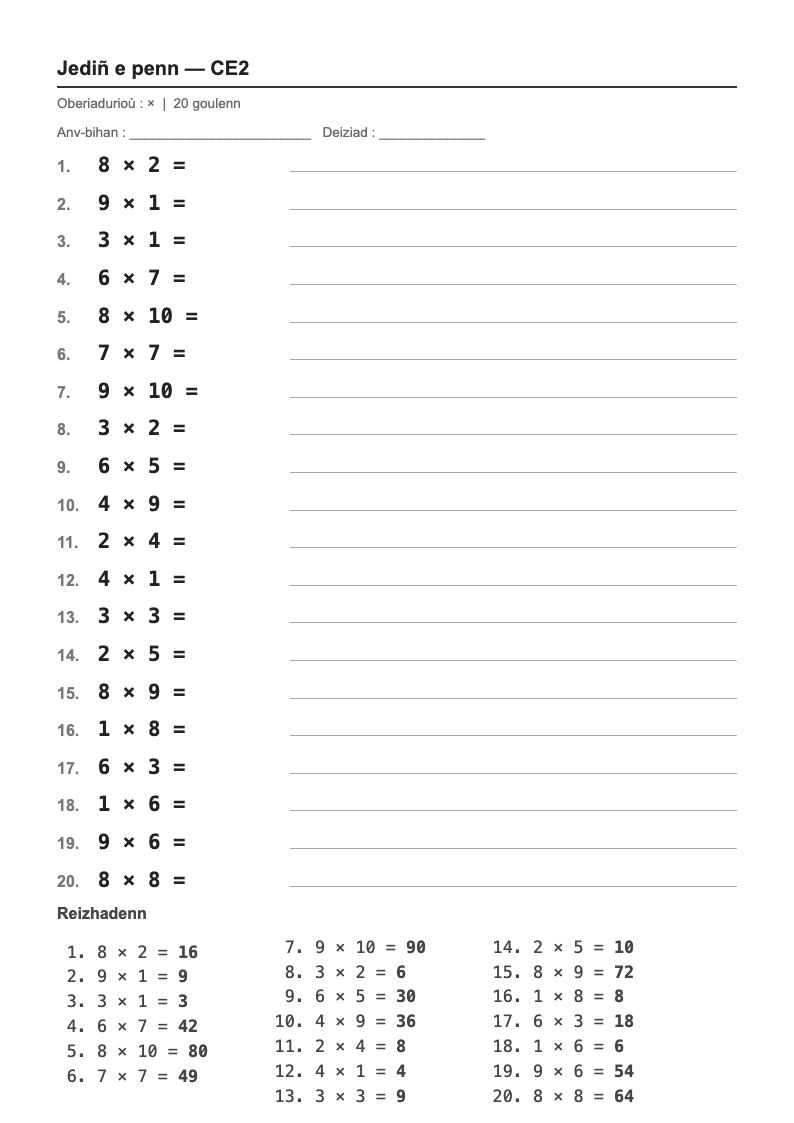 Calcul mental — CE2 : les tables de multiplication, fiches d'exercices à imprimer (consignes en breton)