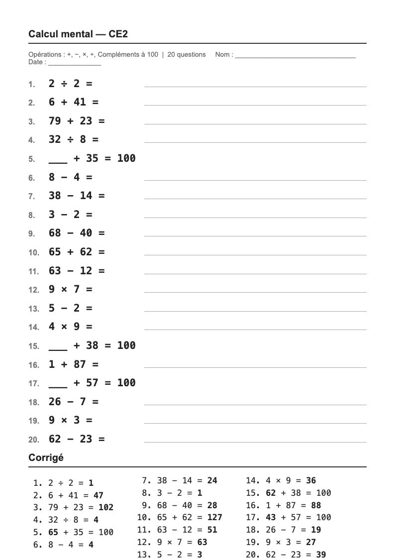 Calcul mental — CE2 : fiches d'exercices à imprimer