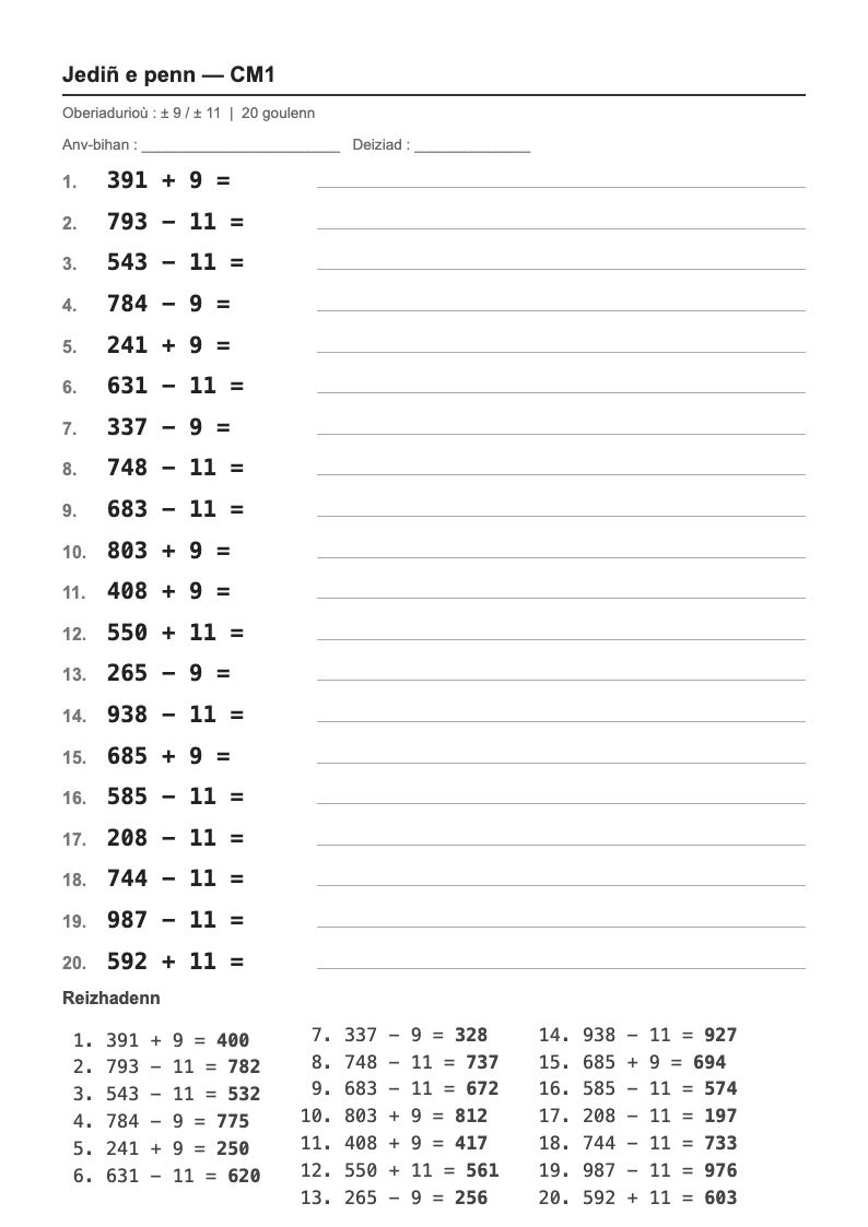 Calcul mental — CM1 : ajouter ou retirer 9 et 11, fiches d'exercices à imprimer (consignes en breton)