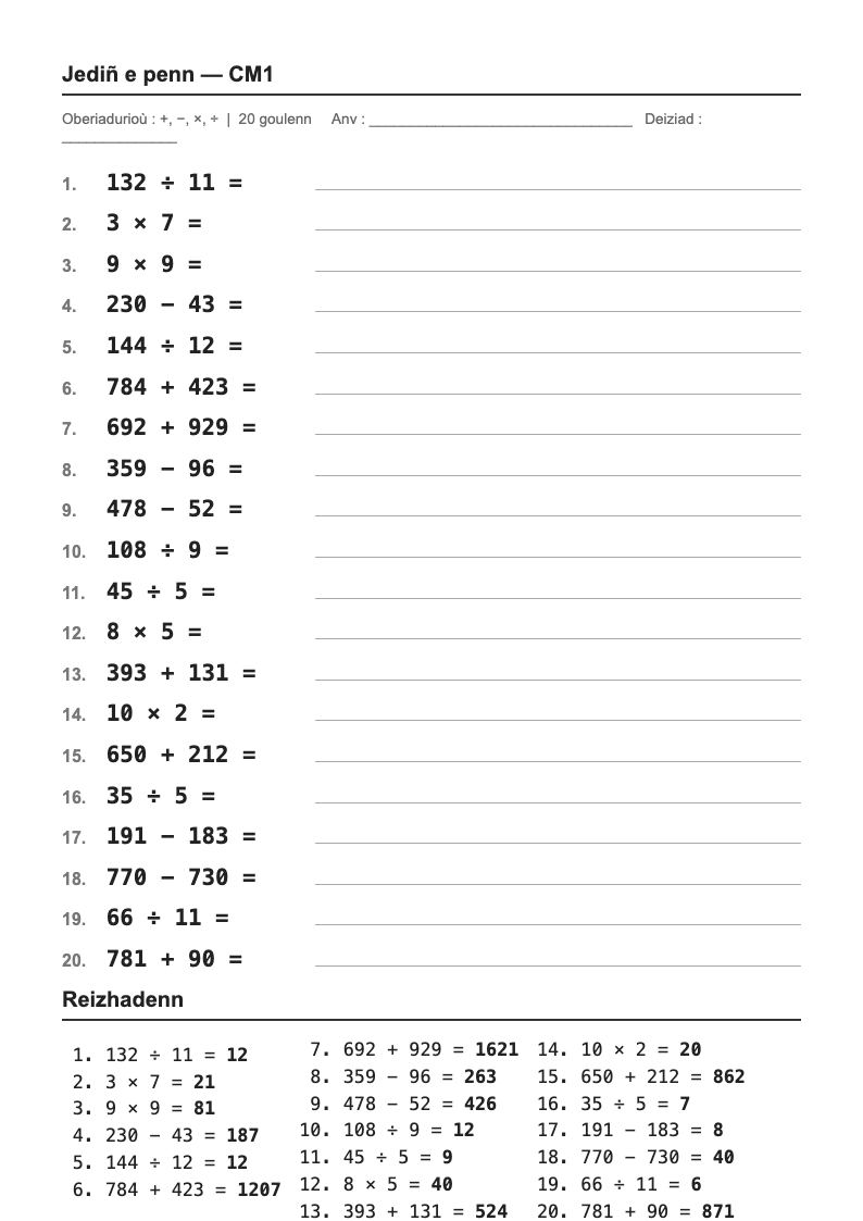 Calcul mental — CM1 : fiches d'exercices à imprimer (consignes en breton)