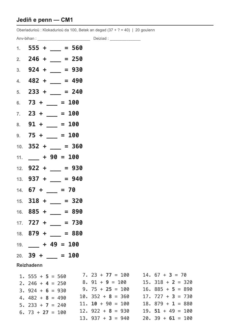 Calcul mental — CM1 : les compléments à la dizaine et à 100, fiches d'exercices à imprimer (consignes en breton)