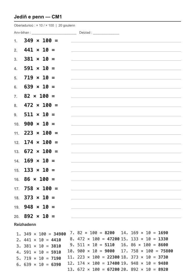 Calcul mental — CM1 : multiplier par 10 et par 100, fiches d'exercices à imprimer (consignes en breton)