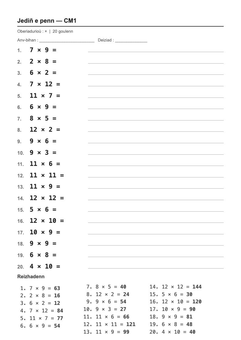 Calcul mental — CM1 : les tables de multiplication, fiches d'exercices à imprimer (consignes en breton)