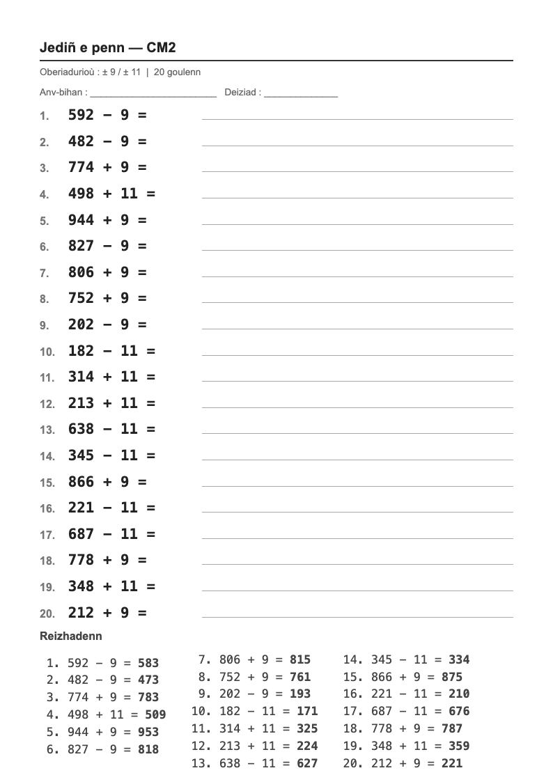 Calcul mental — CM2 : ajouter ou retirer 9 et 11, fiches d'exercices à imprimer (consignes en breton)