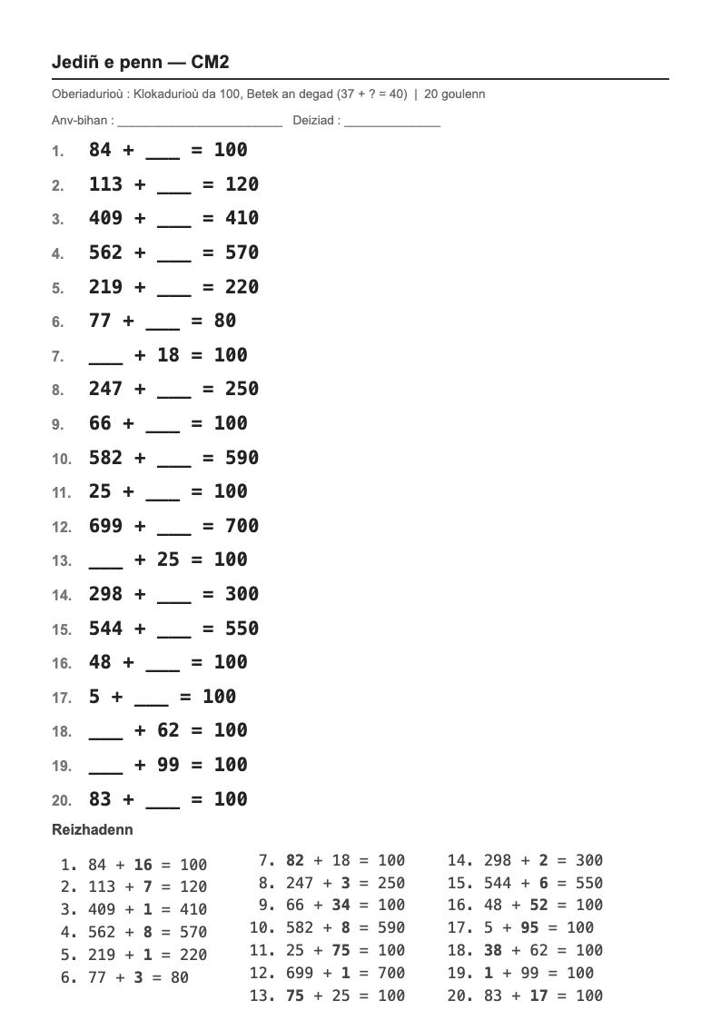 Calcul mental — CM2 : les compléments à la dizaine et à 100, fiches d'exercices à imprimer (consignes en breton)