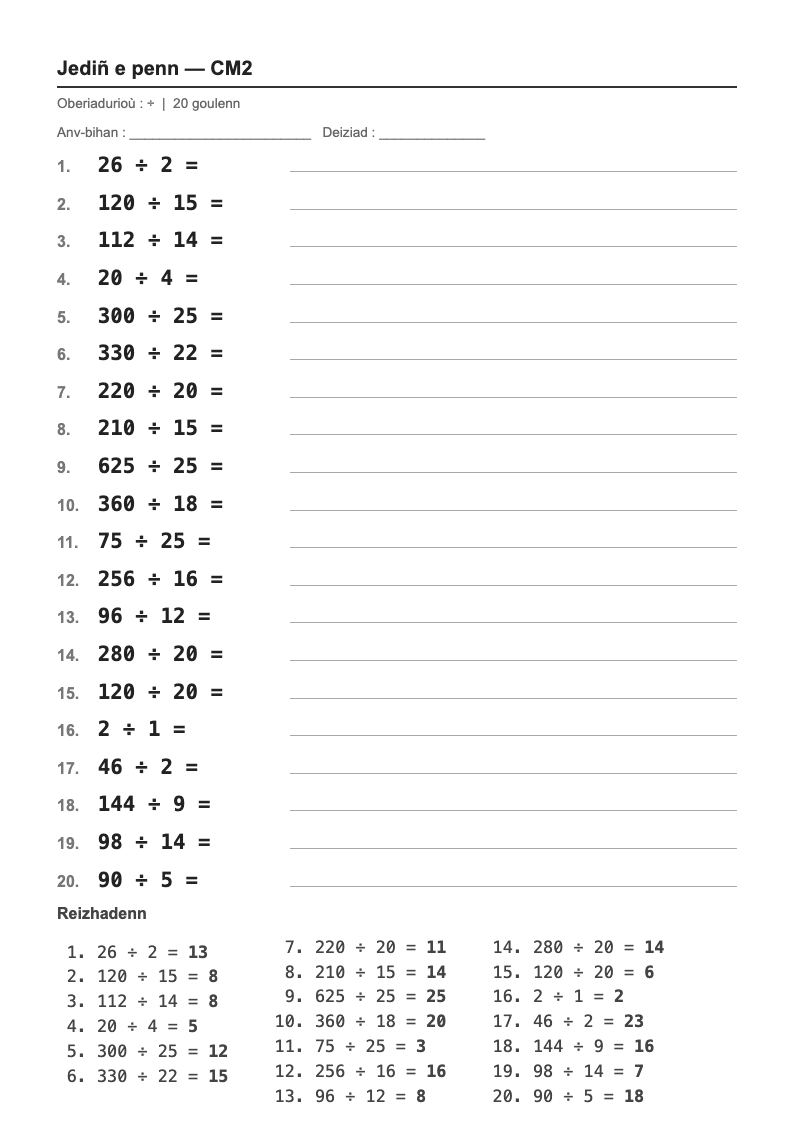 Calcul mental — CM2 : la division, fiches d'exercices à imprimer (consignes en breton)