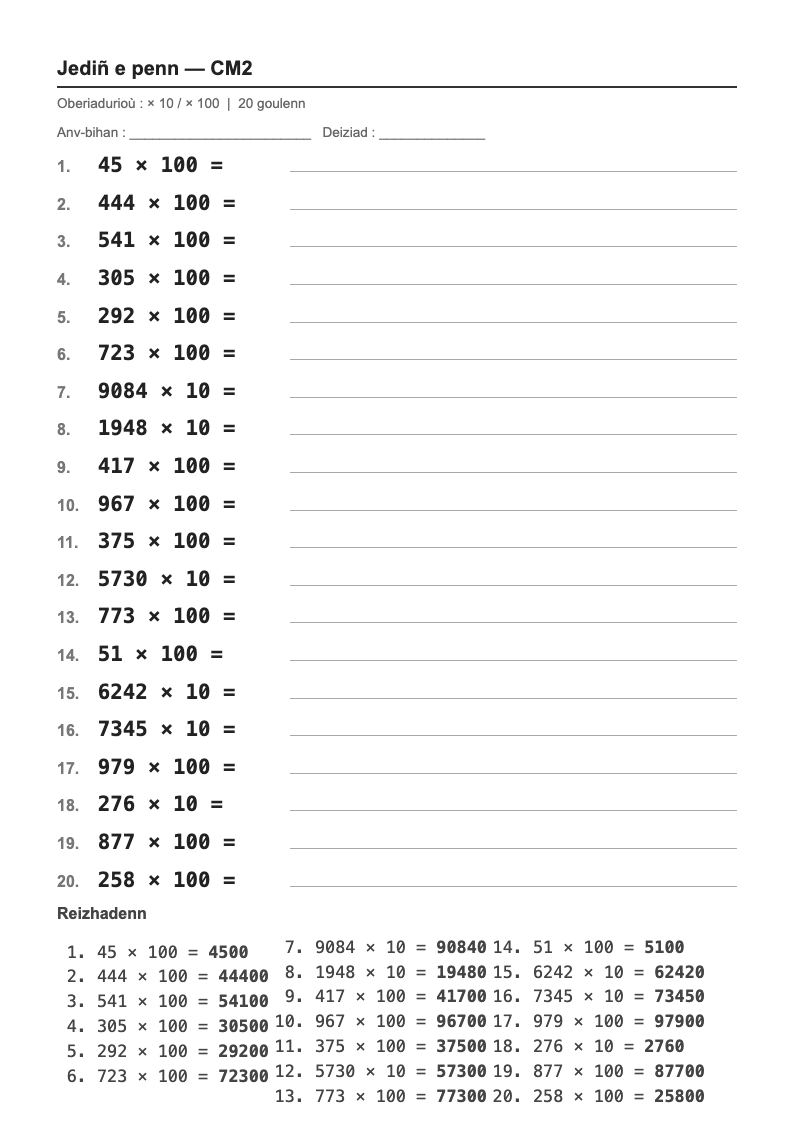 Calcul mental — CM2 : multiplier par 10 et par 100, fiches d'exercices à imprimer (consignes en breton)