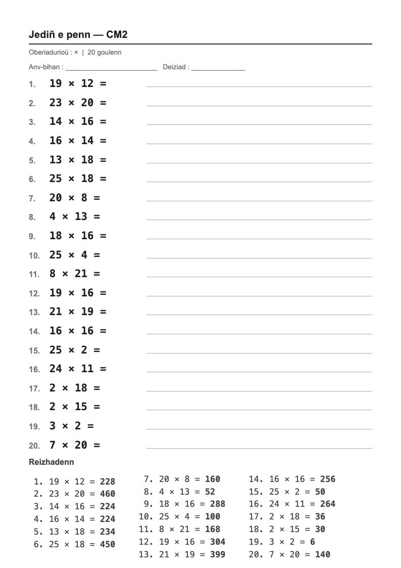 Calcul mental — CM2 : les tables de multiplication, fiches d'exercices à imprimer (consignes en breton)