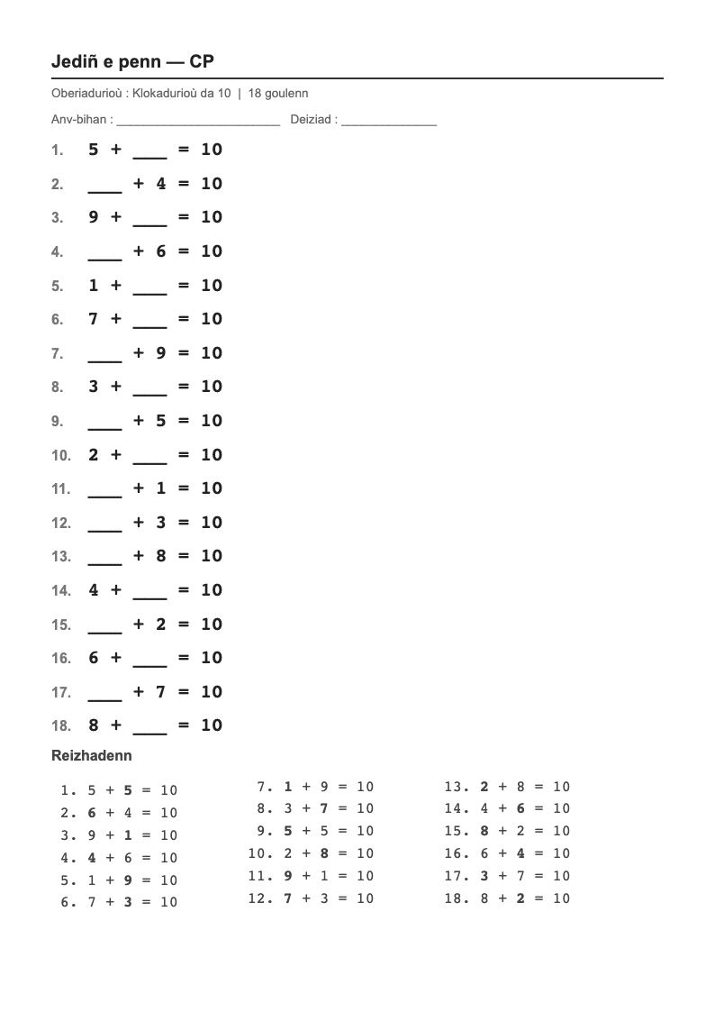 Calcul mental — CP : les compléments à 10, fiches d'exercices à imprimer (consignes en breton)