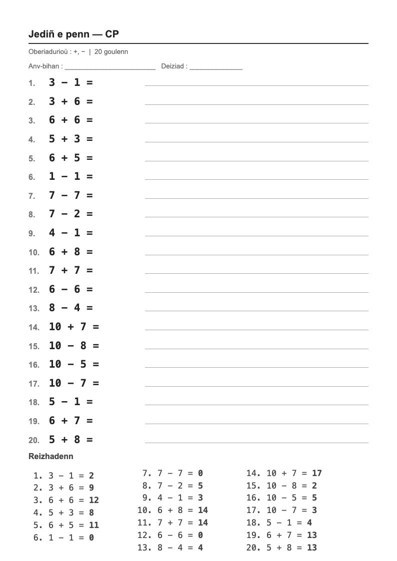Calcul mental — CP : les tables d'addition, fiches d'exercices à imprimer (consignes en breton)