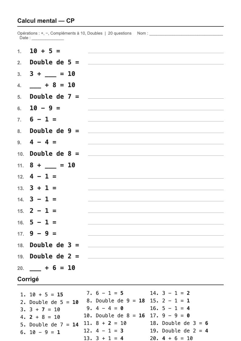 Calcul mental — CP : fiches d'exercices à imprimer