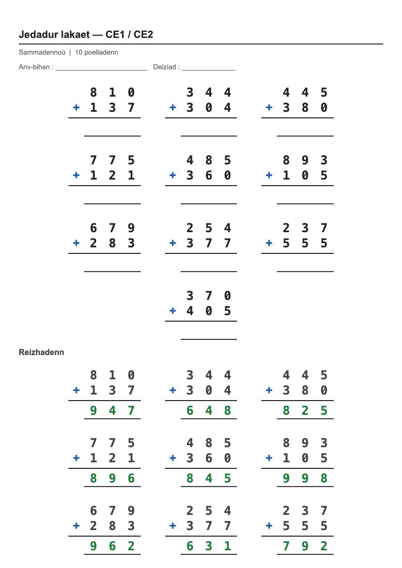 Calcul posé — CE1 : l'addition posée, fiches d'exercices à imprimer (consignes en breton)