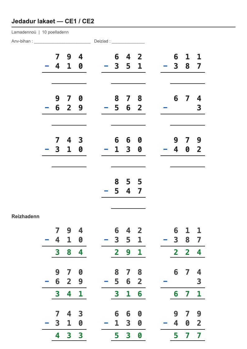 Calcul posé — CE1 : la soustraction posée, fiches d'exercices à imprimer (consignes en breton)