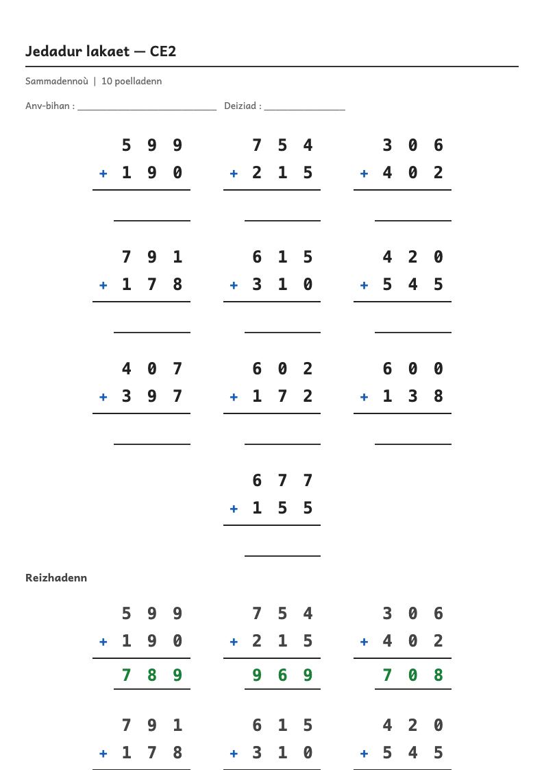 Calcul posé — CE2 : l'addition posée, fiches d'exercices à imprimer (consignes en breton)