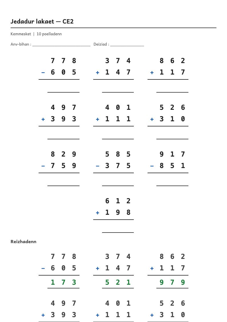 Calcul posé — CE2 : fiches d'exercices à imprimer (consignes en breton)