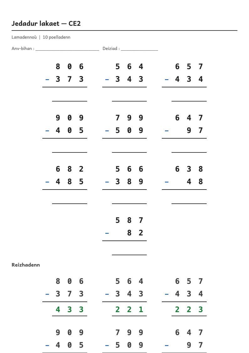 Calcul posé — CE2 : la soustraction posée, fiches d'exercices à imprimer (consignes en breton)