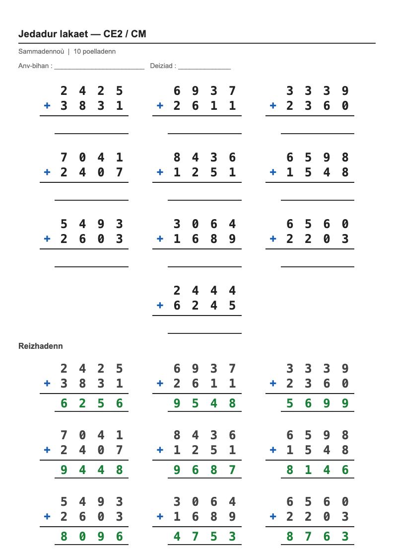 Calcul posé — CM1 : l'addition posée, fiches d'exercices à imprimer (consignes en breton)