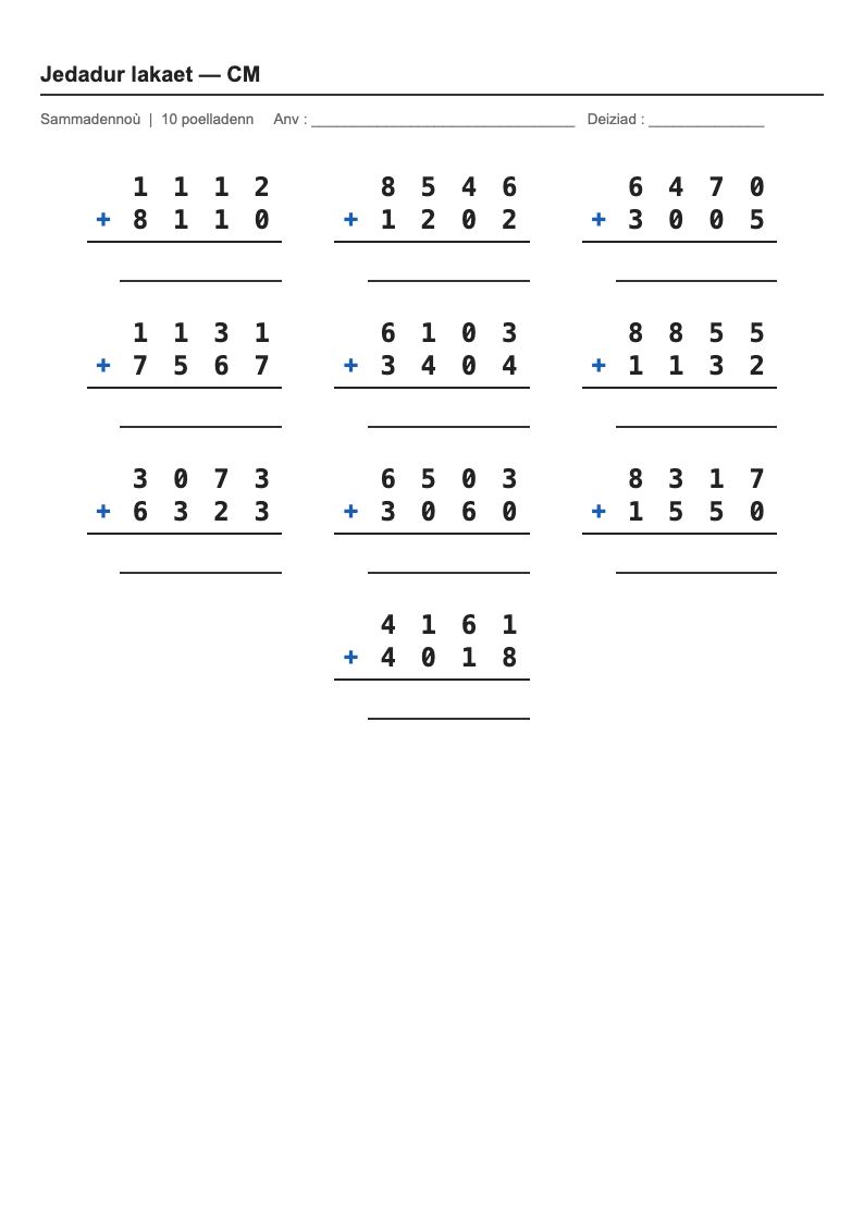 Calcul posé — CM1 : fiches d'exercices à imprimer (consignes en breton)