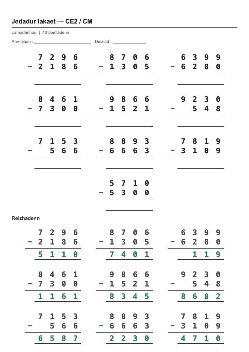 Calcul posé — CM1 : la soustraction posée, fiches d'exercices à imprimer (consignes en breton)