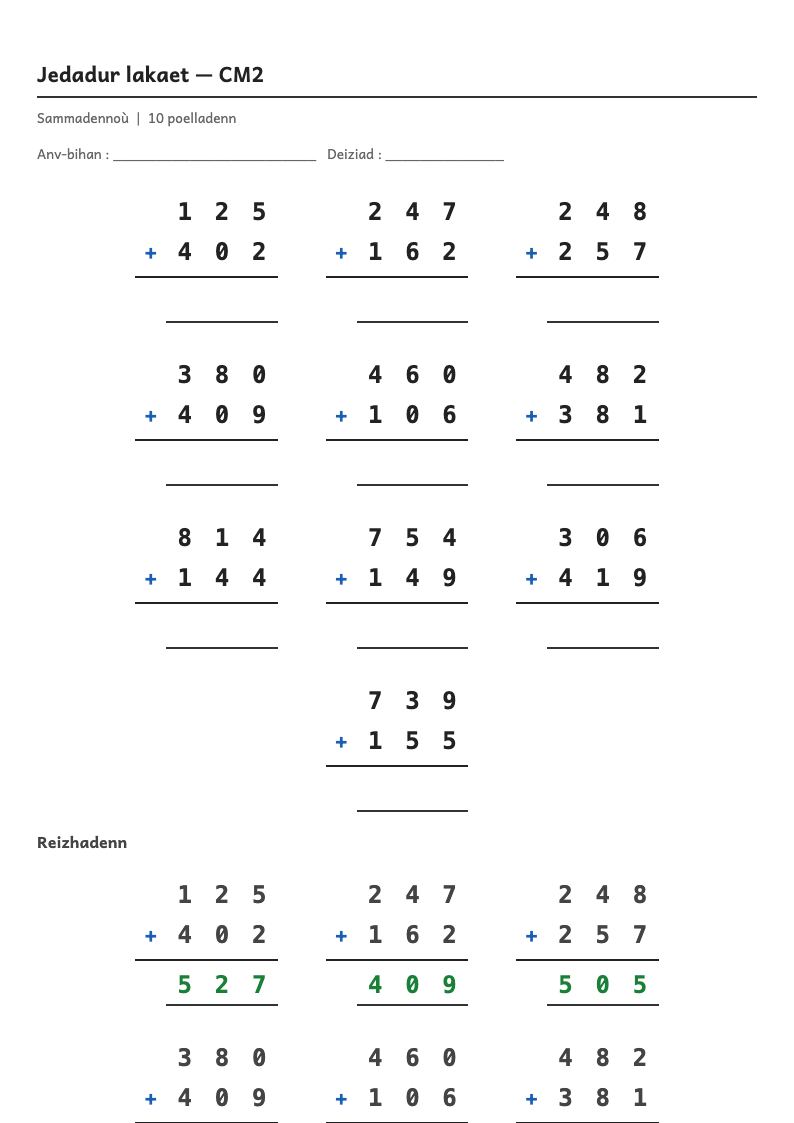 Calcul posé — CM2 : l'addition posée, fiches d'exercices à imprimer (consignes en breton)