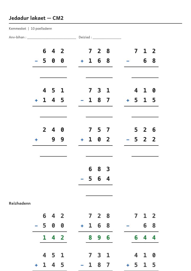Calcul posé — CM2 : fiches d'exercices à imprimer (consignes en breton)