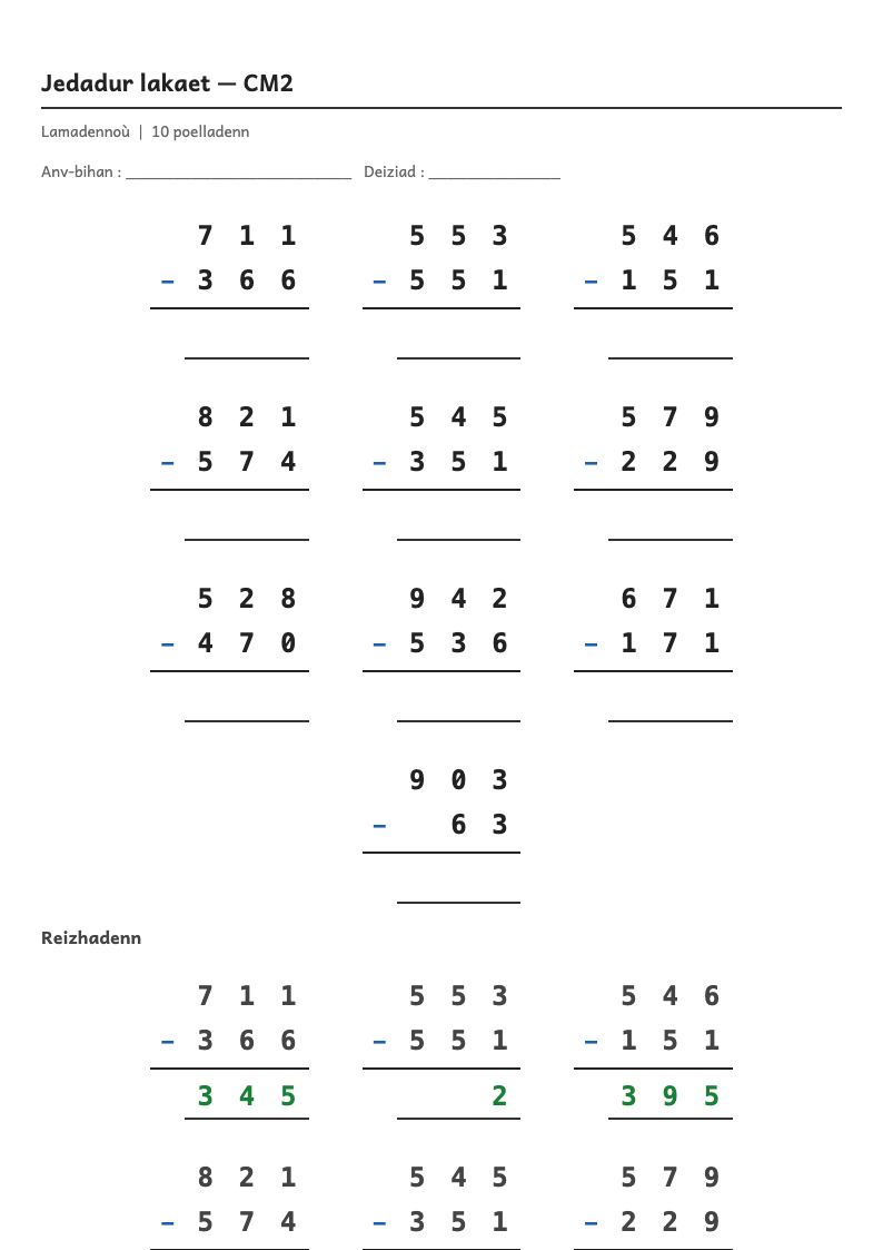 Calcul posé — CM2 : la soustraction posée, fiches d'exercices à imprimer (consignes en breton)