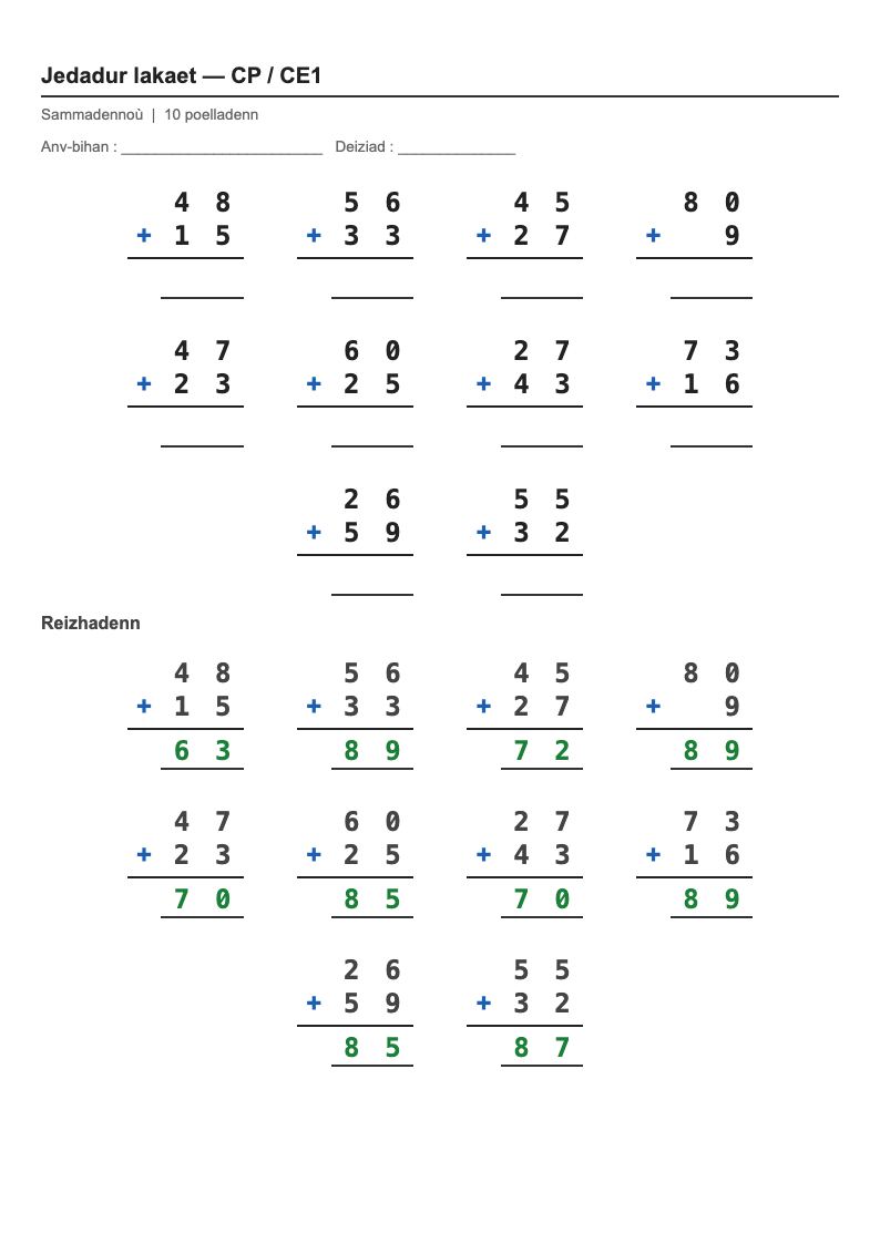 Calcul posé — CP : l'addition posée, fiches d'exercices à imprimer (consignes en breton)
