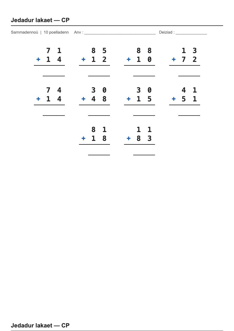 Calcul posé — CP : fiches d'exercices à imprimer (consignes en breton)