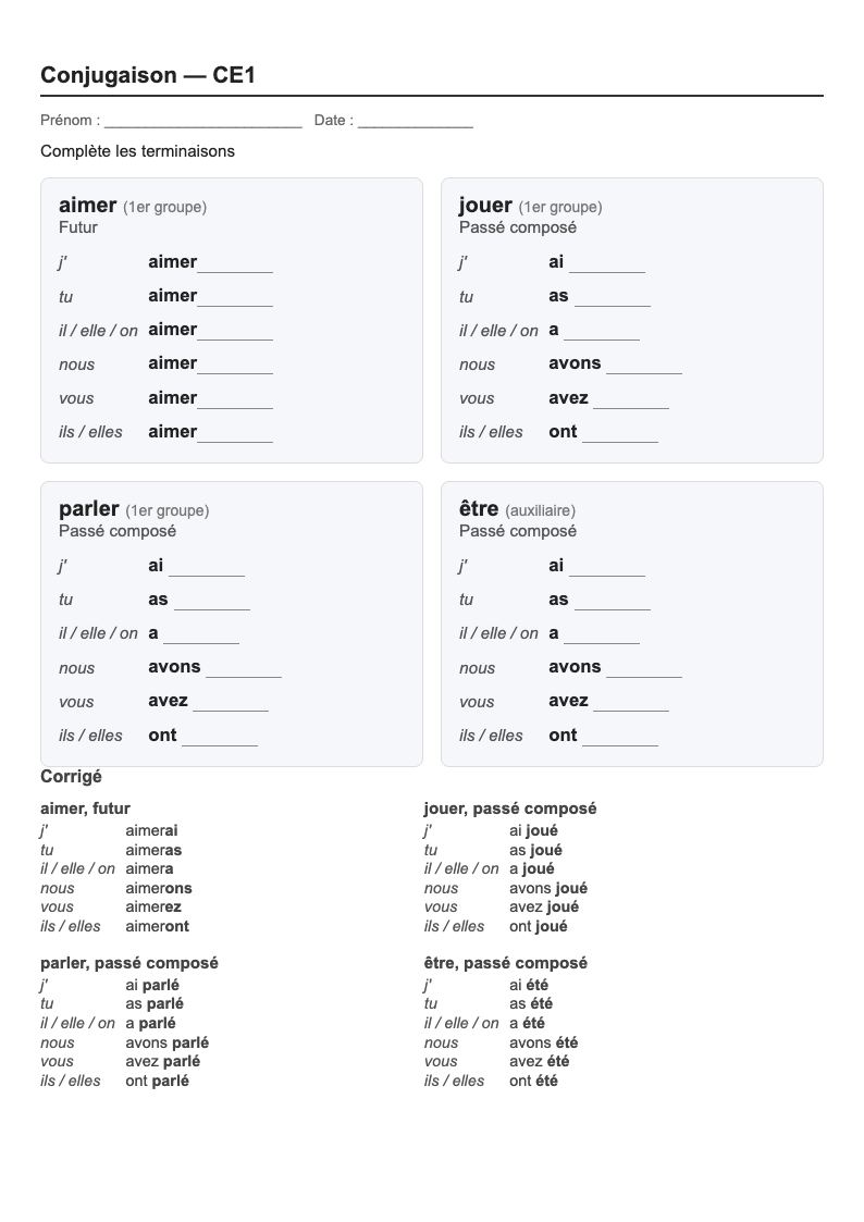 Conjugaison — CE1 : fiches d'exercices à imprimer (consignes en breton)