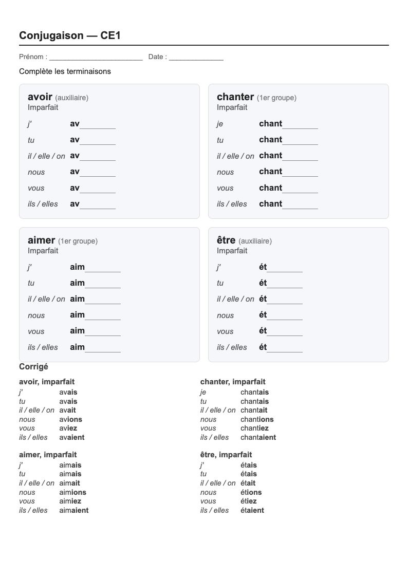 Conjugaison — CE1 : l'imparfait, fiches d'exercices à imprimer (consignes en breton)