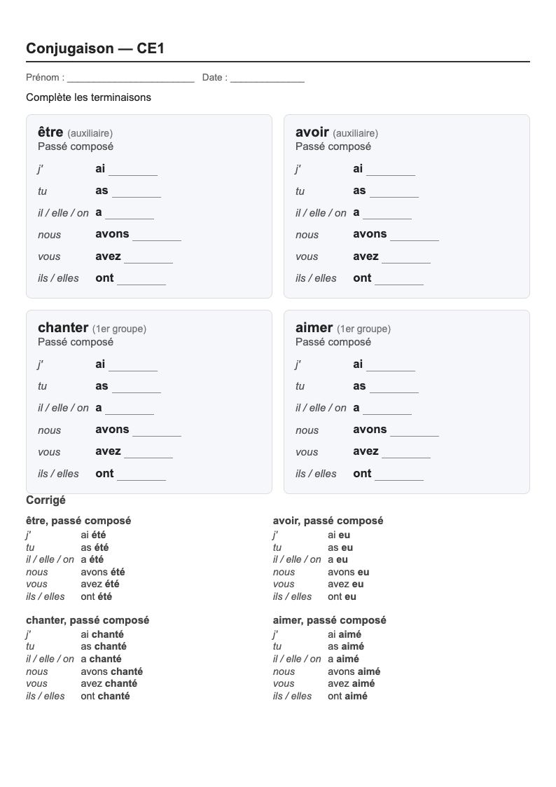 Conjugaison — CE1 : le passé composé, fiches d'exercices à imprimer (consignes en breton)