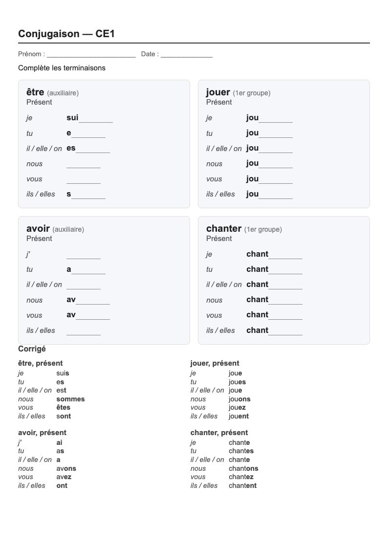 Conjugaison — CE1 : le présent, fiches d'exercices à imprimer (consignes en breton)