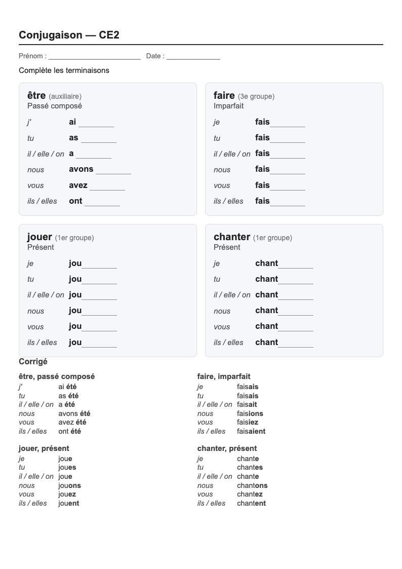 Conjugaison — CE2 : fiches d'exercices à imprimer (consignes en breton)