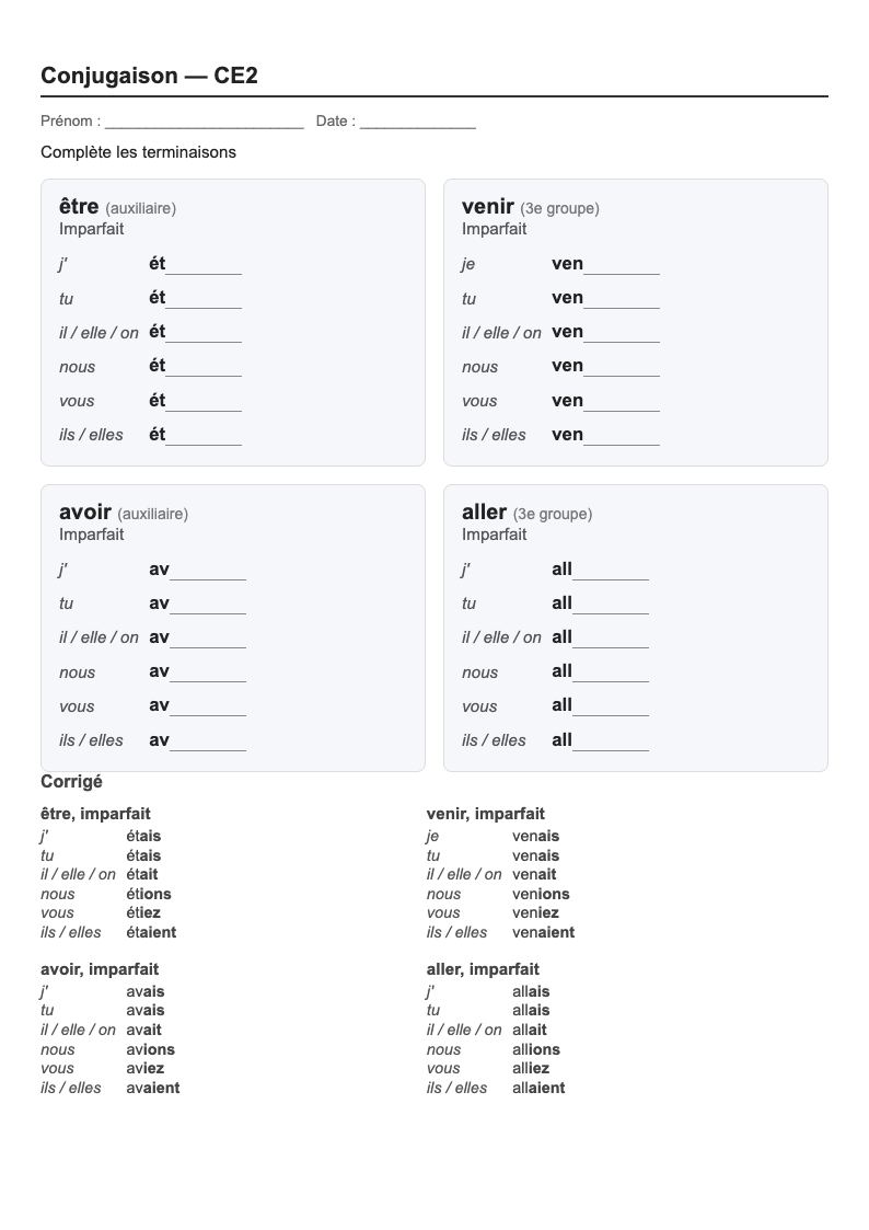Conjugaison — CE2 : l'imparfait, fiches d'exercices à imprimer (consignes en breton)
