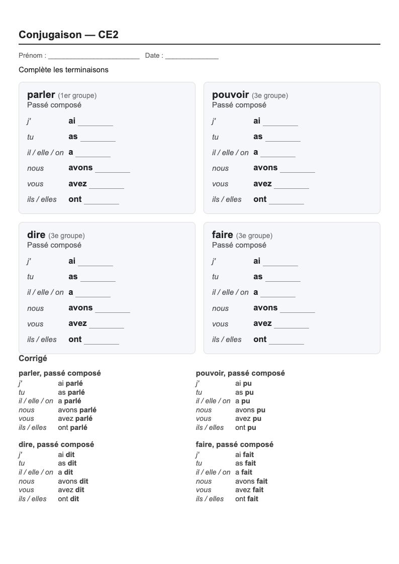Conjugaison — CE2 : le passé composé, fiches d'exercices à imprimer (consignes en breton)
