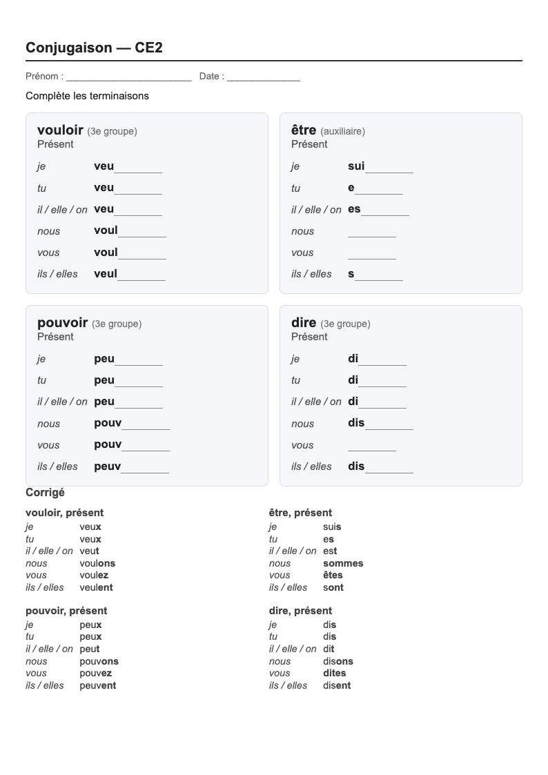 Conjugaison — CE2 : le présent, fiches d'exercices à imprimer (consignes en breton)