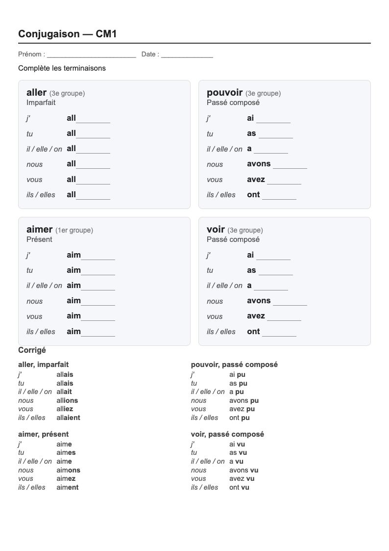 Conjugaison — CM1 : fiches d'exercices à imprimer (consignes en breton)