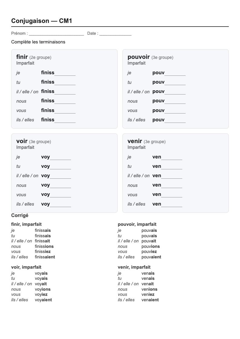 Conjugaison — CM1 : l'imparfait, fiches d'exercices à imprimer (consignes en breton)