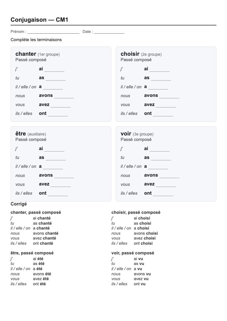 Conjugaison — CM1 : le passé composé, fiches d'exercices à imprimer (consignes en breton)