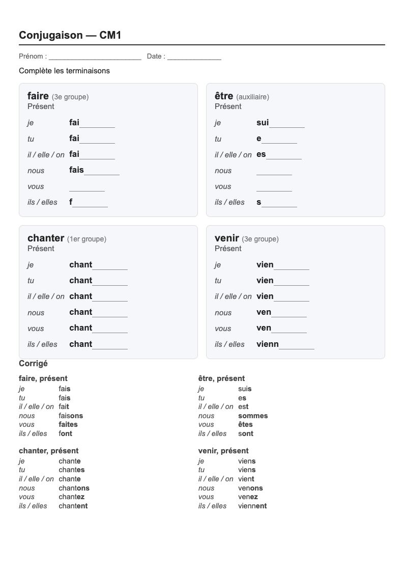Conjugaison — CM1 : le présent, fiches d'exercices à imprimer (consignes en breton)