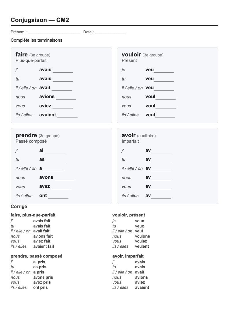 Conjugaison — CM2 : fiches d'exercices à imprimer (consignes en breton)