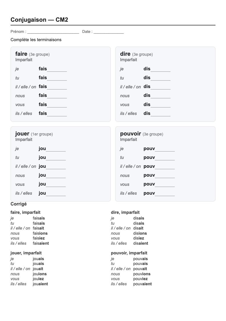 Conjugaison — CM2 : l'imparfait, fiches d'exercices à imprimer (consignes en breton)