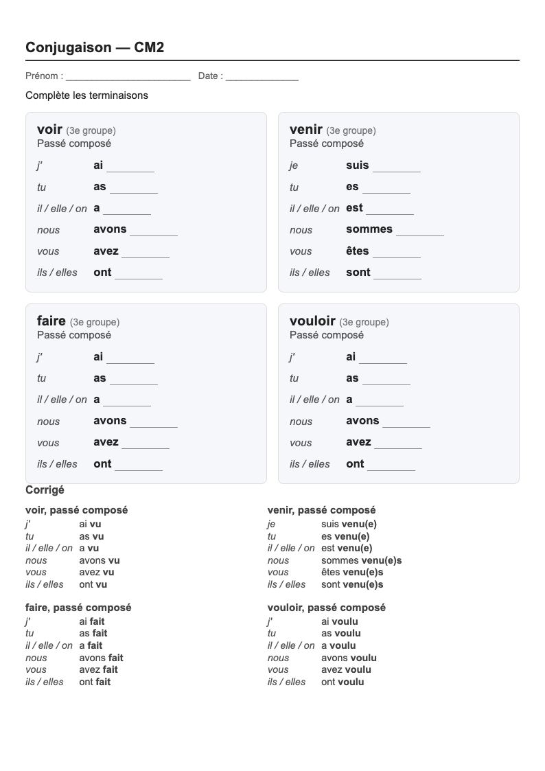 Conjugaison — CM2 : le passé composé, fiches d'exercices à imprimer (consignes en breton)